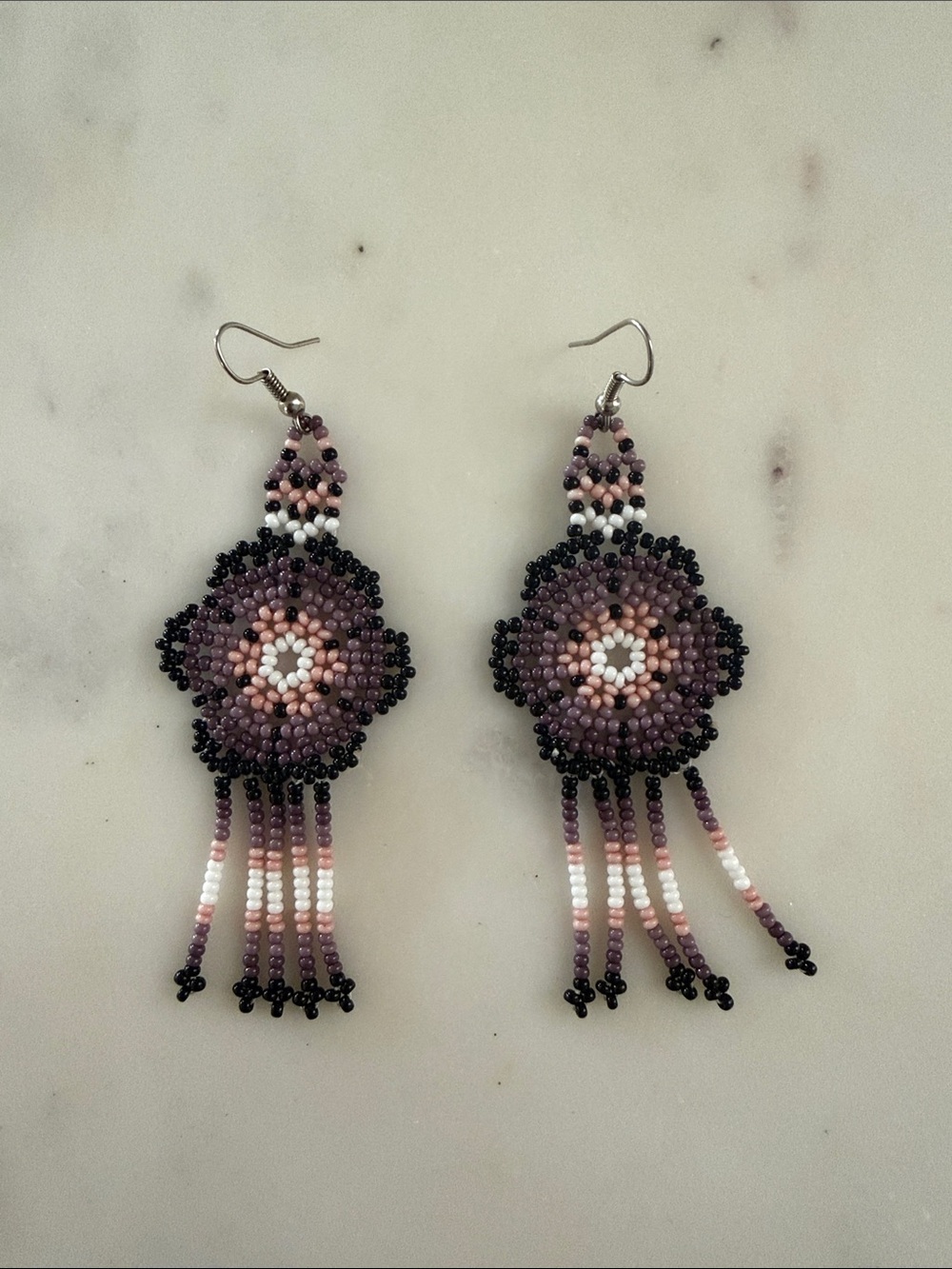 Handmade Beaded Fringe Earrings in Pink, Black & White